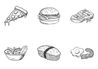 Hand-drawn sketch icons of classic foods: pizza, burger, steak, salad, sushi, egg with bacon in black-white comic style. Concept: menu design, food delivery UI, culinary illustration

