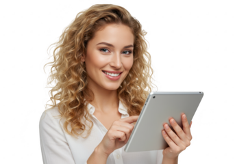 Smiling Woman Using Tablet on Transparent Background