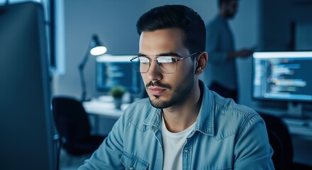 Focused programmer wearing glasses intently studying code on a computer screen in a dimly lit office