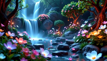 an enchanting digital landscape featuring a serene waterfall surrounded by lush greenery and vibrant flowers