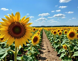 an expansive sunflower field, teeming with vibrant yellow flowers under a clear blue sky