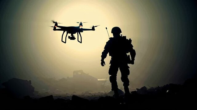 Military combat soldier silhouette with AI Drone  Future Defense Technology Patriot Service Duty Respect warrior Courage Tribute