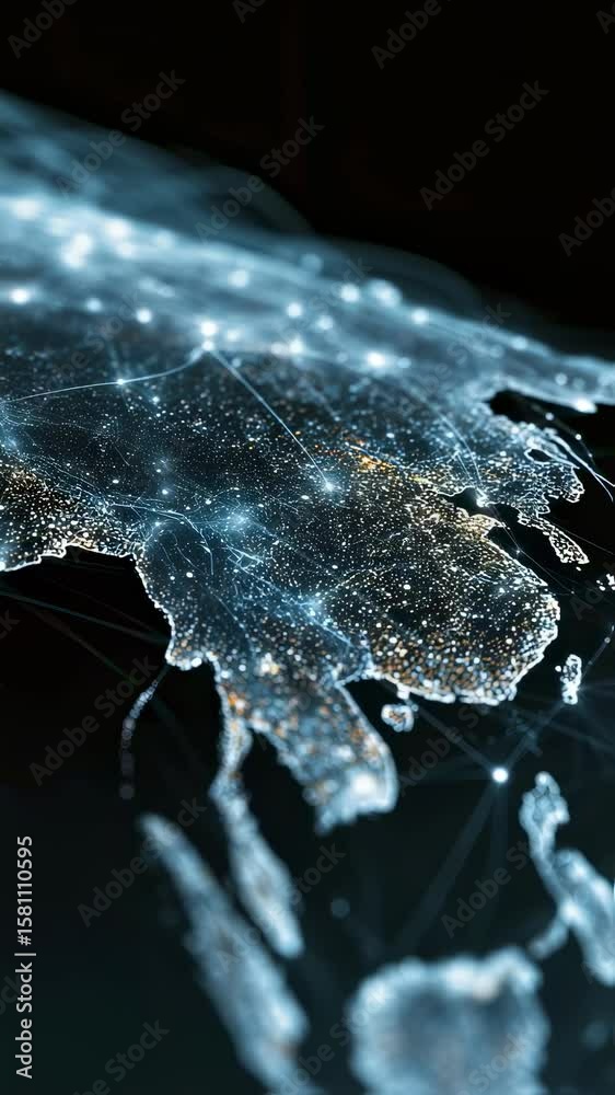 Poster global communications network visualizing digital data flow across rotating planet earth, highlighti