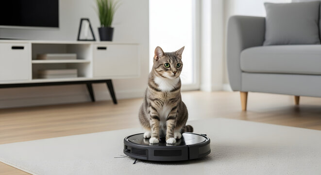 A cute tabby cat with green eyes sits calmly on a black robot vacuum cleaner on a white rug in a modern, clean living room. - Powered by Adobe