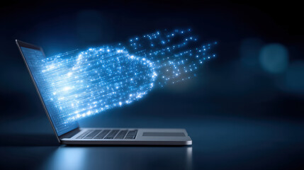 Digital technology transforms data into cloud of glowing particles emerging from laptop, symbolizing innovation and connectivity in digital age