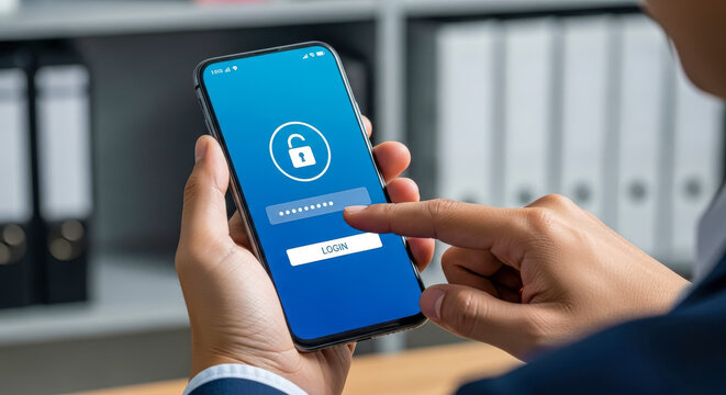 Close up of a person's hands holding a black smartphone with a blue screen showing a white lock icon, a dotted password input field, and a login button