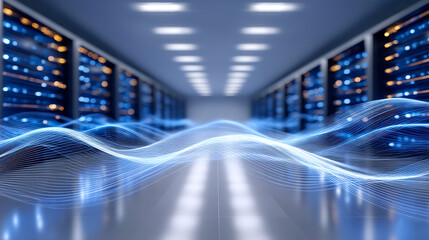 Obraz premium Futuristic data center with illuminated server racks and flowing blue light waves creates dynamic atmosphere of technology and innovation. scene conveys sense of advanced digital infrastructure
