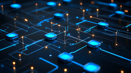 Obraz premium Abstract rendering of a circuit board with glowing blue nodes and connecting lines.