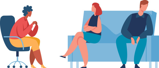 Psychologist listening to young couple discussing their relationship problems during therapy session. Man and woman sitting on sofa and talking to professional counselor. Family psychotherapy concept