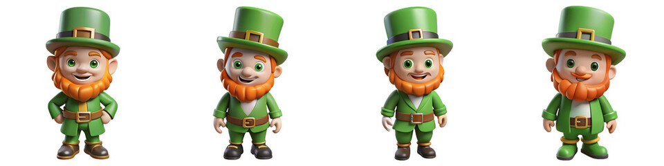 Set for Four cartoon leprechauns are isolated on transparent background