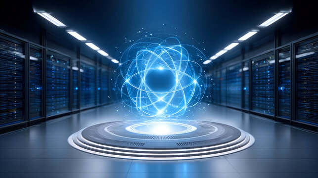 Futuristic data center featuring glowing atomic structure at its center, surrounded by high tech server racks. scene conveys sense of advanced technology and innovation