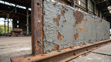 Weathered metal structure with heavy rust and flaking paint in an old factory, highlighting urban industrial deterioration.