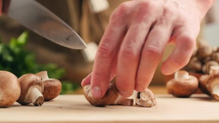 Freshly picked mushrooms on home kitchen, close up texture of brown Champignon, woman cooking tasty vegan dinner. - Powered by Adobe