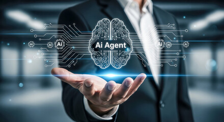 Professional displaying a digital representation of a brain with integrated circuits and "AI Agent" text above an outstretched hand