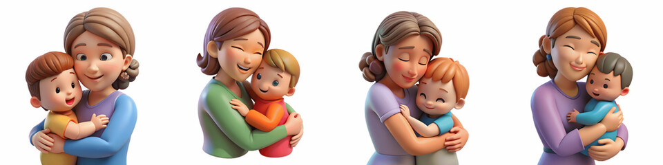 A Set for  mother lovingly embraces her young son in a heartwarming cartoon illustration isolated on transparent background