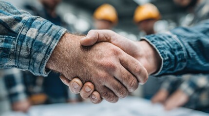 Two construction workers engage in a handshake, symbolizing collaboration and agreement. Other team members in safety helmets observe the interaction in the background.