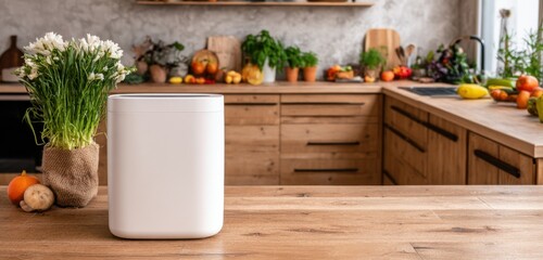 Smart compost bin with organic waste in modern kitchen