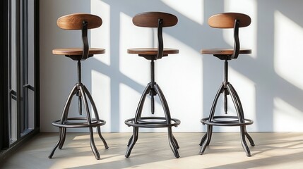 Metal and wood bar stools with adjustable swivel seats for versatile interiors