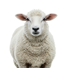 Fototapeta premium transparent sheep, close-up front-facing portrait, luxurious dense fluffy wool, large prominent ears, gentle serene expression, soft clear eyes, isolated against pure transparent void,