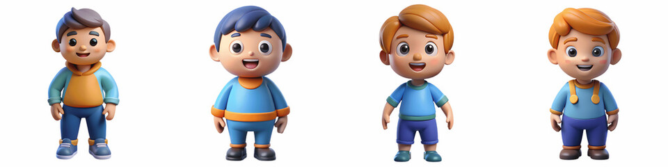 Set for Four cartoon boys standing isolated on transparent background