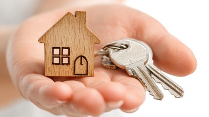 A hand holds a small wooden house model alongside several keys, representing a significant moment of acquiring a new home and the journey into ownership.