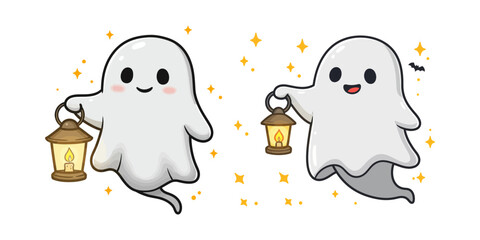 Two cute cartoon ghosts holding lanterns at night