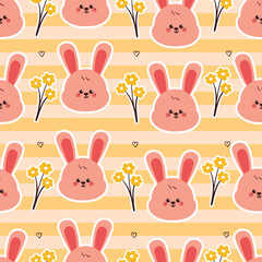 cute seamless pattern cartoon bunny and flowers. cute animal pattern with yellow stripe background