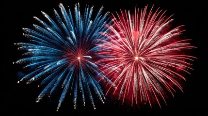 Bright fireworks explode in shades of red and blue against the dark sky, creating a stunning display that captivates onlookers during a summer festival.