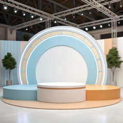 Modern exhibition stage with tiered podiums and decorative arch background