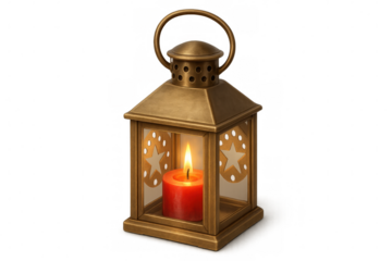 Golden lantern glowing with red candle, perforated with star-shaped cutouts, illuminating transparent backdrop