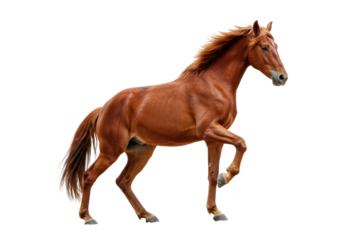 Majestic adult chestnut horse rearing powerfully on hind legs, its dark mane and tail flowing, against a clean white studio background with no shadows, showcasing immense strength and untamed spirit.