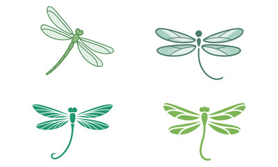 Dragonfly vector icons in green line art style with minimal insect wing designs
