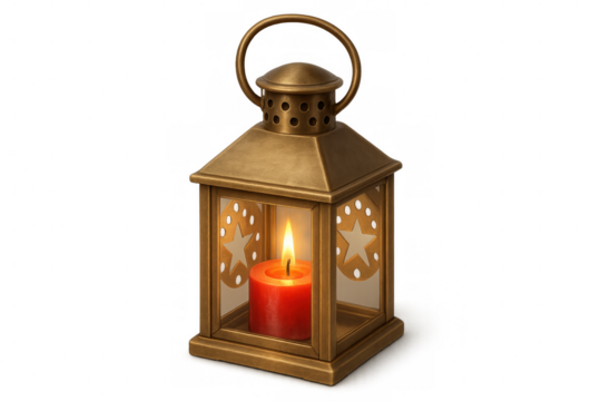 Golden lantern glowing with red candle, perforated with star-shaped cutouts, illuminating transparent backdrop