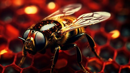 Macro shot of a flys compound eye, hexagonal ommatidia reflecting a distorted forest scene, deep red and gold hues,