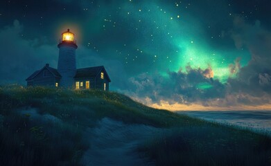 Coastal lighthouse bathed in celestial glow