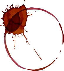 Brown coffee cup stain ring forming on white surface with splash and dripping, perfect for representing a coffee break, breakfast, or morning routine