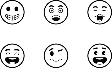 Six Simple Black and White Emoticon Icons: Happy, Surprised, Yawning, Laughing, Winking, and Excited.