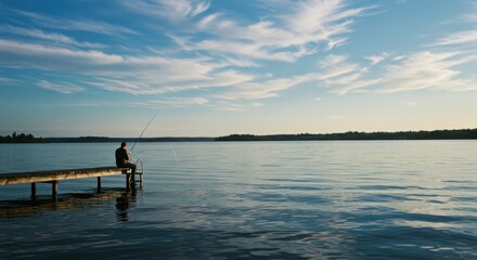 Fototapeta premium Man Fishing on a Wooden Pier at Sunset