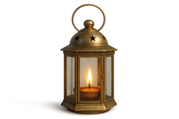 Elegant brass lantern featuring a glowing candle, casting warm light. Transparent background highlights its intricate star-shaped cutouts