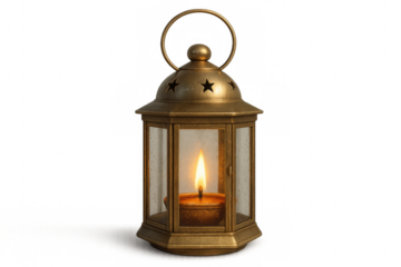 Elegant brass lantern featuring a glowing candle, casting warm light. Transparent background highlights its intricate star-shaped cutouts