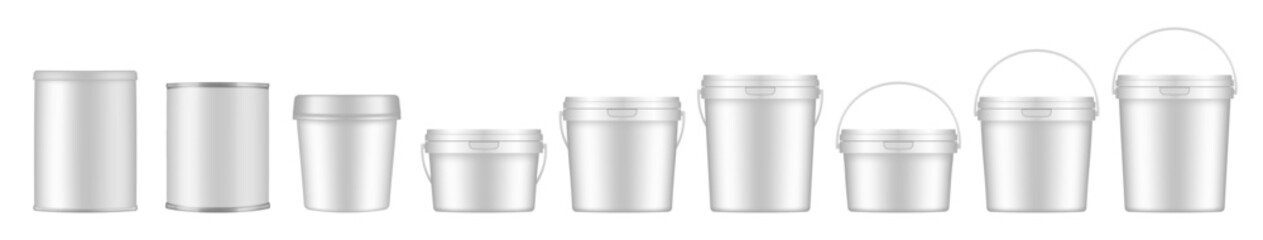 White buckets and tin jars. Mockup of plastic buckets with handle and lid. Small, medium and large sizes. Tin can © Irina Shats