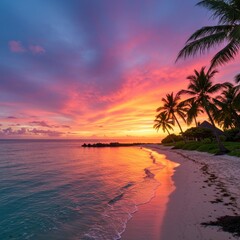Vibrant Pink and Orange Sunset Over Tropical Beach