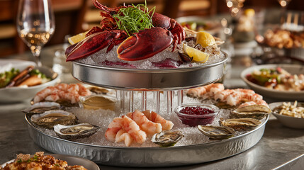 Obraz premium Seafood Tower With Lobster, Oysters And Shrimp