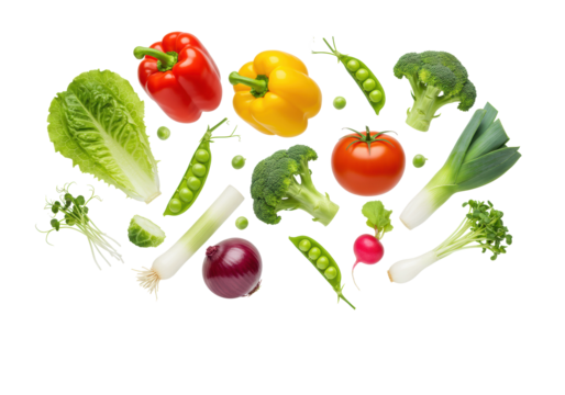 Vibrant fresh vegetables (romaine, bell peppers, tomato, broccoli, onion, leeks, peas, radishes, microgreens) dynamically suspended mid-air against a transparent background with copy space. Concept of