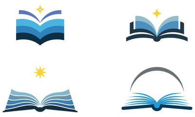 Open book logo icons with blue pages and shining star symbols in modern education design
