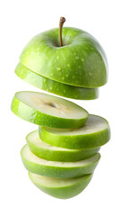 Sliced green apple floating in the air isolated on transparent white background, clipping path