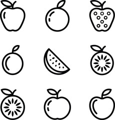 Bold Line Art Fruit Icons: Apples, Oranges, Kiwi, Watermelon Slices; Clean, Modern Style.