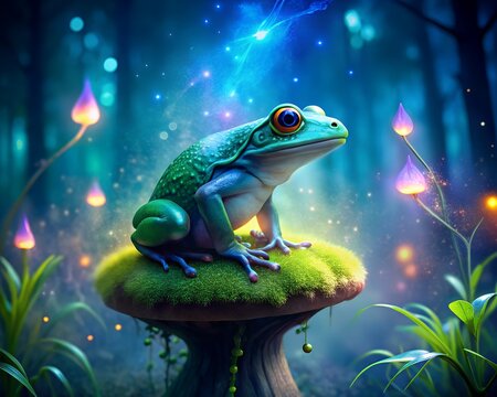 A magical frog sits on a mushroom in an enchanted forest