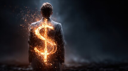 Obraz premium A businessman dressed in a gray suit stands with his back facing the viewer. A bright, glowing dollar sign is illuminated on his back amidst a dark, smoky background, representing ambition and wealth.