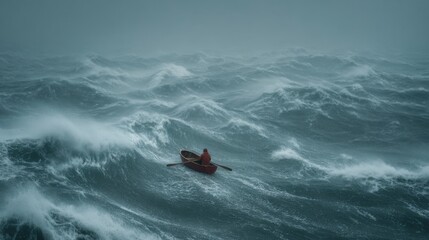 Fototapeta premium A lone figure fights against fierce waves in a small wooden boat amidst a violent storm. The dark clouds swirl above, emphasizing the intensity of the challenging weather conditions.